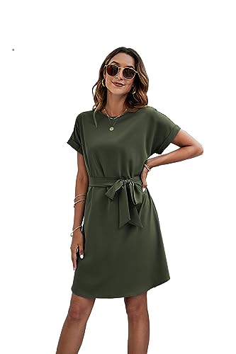 Sommerkleid Damen Kurzarm Blusenkleid Einfarbig Freizeitkleid Knielang A-Linien Kleid Midikleid(Grün,S) von MiaShark