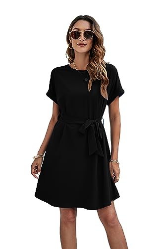 Sommerkleid Damen Kurzarm Blusenkleid Einfarbig Freizeitkleid Knielang A-Linien Kleid Midikleid(Schwarz,L) von MiaShark