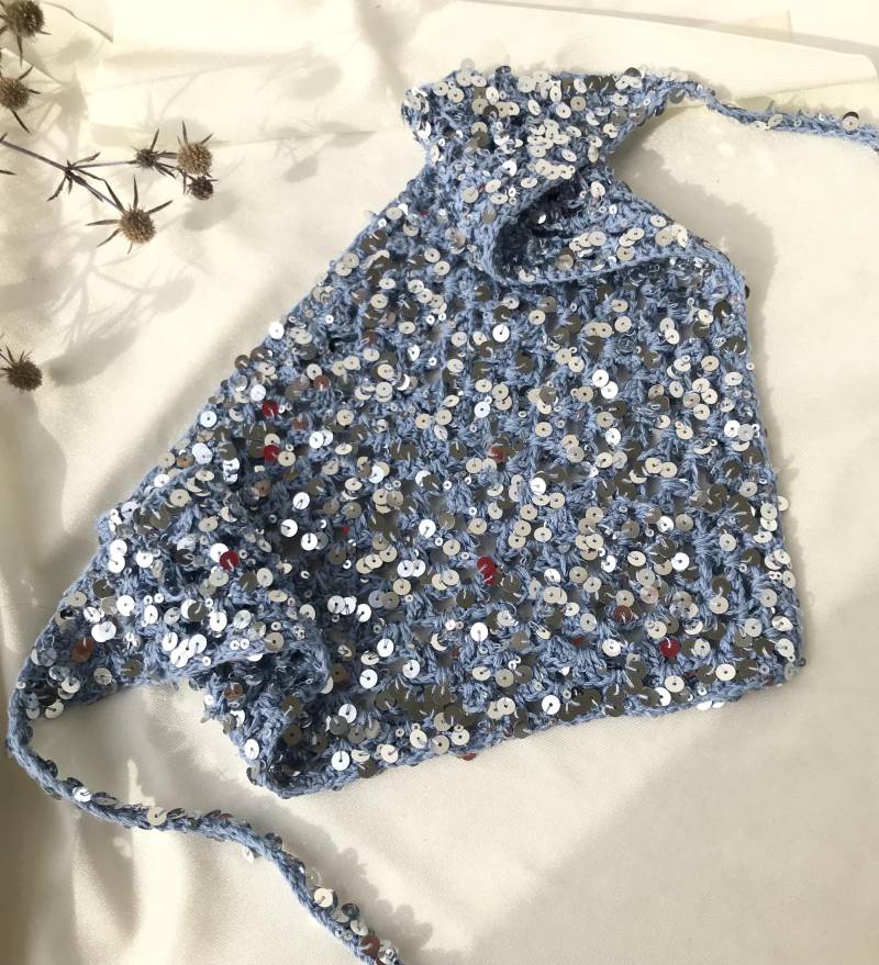 Handgemachtes Blaues Pailletten-Bandana - Funkelndes Häkel-Kopftuch Für Party & Strand von MiaShopKZ