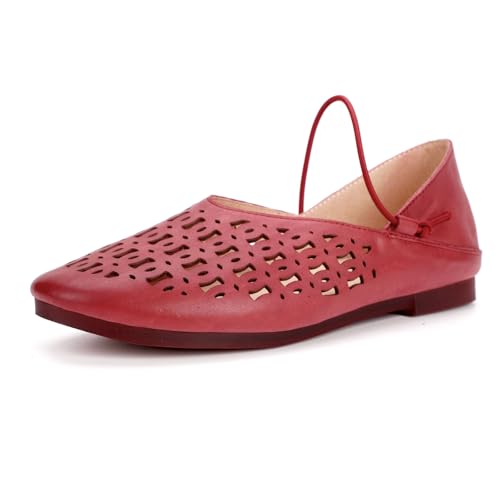 Ballerina Aus Leder Damen Absatz Ausgeschnitten Runde Zehen Loafers Lochmuster Mit Elastischem Riemchen Für Tägliche Spaziergänge Und Frühlingsausflüge Atmungsaktiv Rindsleder,Burgundy,39 EU von MiaZane