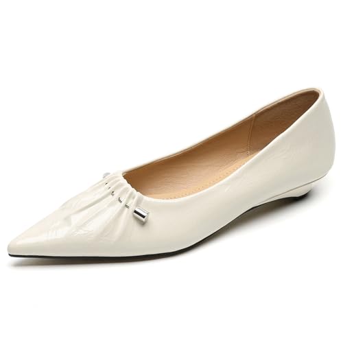 Ballerina Schuhe Damen Flacher Keilabsatz Metallisch Gefaltet Spitze Zehe Flache Schlupf Pumps Für Büro Und Tägliches Tragen Atmungsaktiv Mikrofaser,Weiß,37 EU von MiaZane