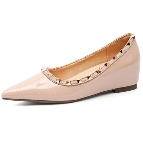Ballerinas Und Pumps Für Damen Mit Verstecktem Keilabsatz Aus Glattleder Mit Nieten Bequeme Schlupf Halbschuhe Gesellschaftsschuhe Mit Spitzer Zehe,Nude 5cm,42 EU von MiaZane