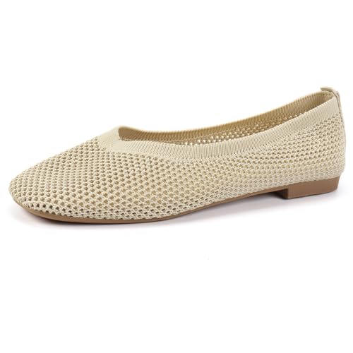 Ballettschuhe Aus Mesh Und Strick Für Damen Atmungsaktiv Kleid Slip On Sommer Arbeits Loafers Mit Quadratspitze Leichte Pumps Für Büro & Täglichen Gebrauch,Beige,39 EU von MiaZane