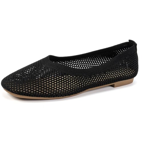 Ballettschuhe Aus Mesh Und Strick Für Damen Atmungsaktiv Kleid Slip On Sommer Arbeits Loafers Mit Quadratspitze Leichte Pumps Für Büro & Täglichen Gebrauch,Schwarz,42 EU von MiaZane