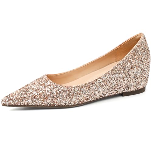 Ballettschuhe Damen Mit Versteckter Keilabsatz Glitzer Spitze Zehe Brautschuhe Abendschuhe Für Hochzeit & Brautjungfer Elegante Flache Schlupfschuhe,Champagne,36 EU von MiaZane