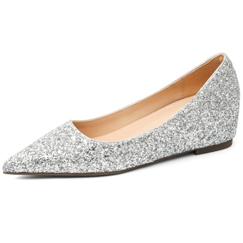 Ballettschuhe Damen Mit Versteckter Keilabsatz Glitzer Spitze Zehe Brautschuhe Abendschuhe Für Hochzeit & Brautjungfer Elegante Flache Schlupfschuhe,Silber,42 EU von MiaZane