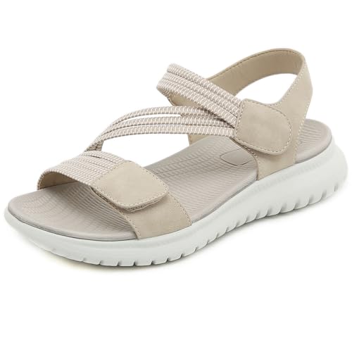 Bequeme Damen Wander Sandalen Keilabsatz Sportliche Sandalen Elastischer Riemen Offene Zehen Schlupfsandalen Gepolsterte Orthopädische Fußbett,Beige,41 EU von MiaZane