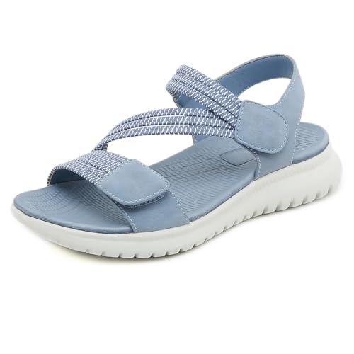 Bequeme Damen Wander Sandalen Keilabsatz Sportliche Sandalen Elastischer Riemen Offene Zehen Schlupfsandalen Gepolsterte Orthopädische Fußbett,Blau,42 EU von MiaZane