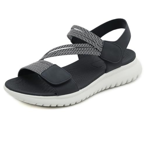 Bequeme Damen Wander Sandalen Keilabsatz Sportliche Sandalen Elastischer Riemen Offene Zehen Schlupfsandalen Gepolsterte Orthopädische Fußbett,Schwarz,40 EU von MiaZane