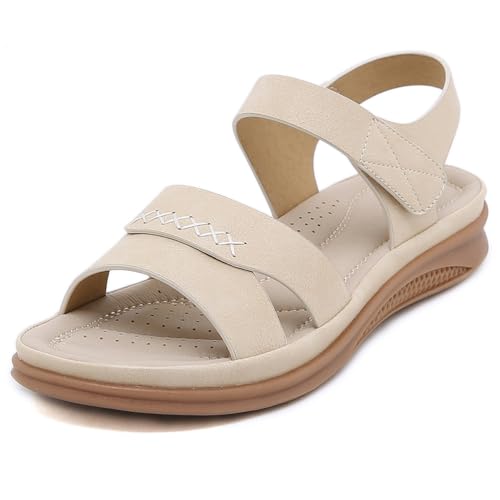 Bequeme Orthopädische Sandalen Für Damen Keilabsatz Plattform Mit Verstellbarem Klettverschluss Atmungsaktiv Weite Passform Strandschuhe Sommer Bis Urlaub,Apricot,42 EU von MiaZane