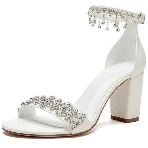 Brautsandalen Damen Mit Blockabsatz Abendschuhe Strass Knöchelriemen Runde Offene Zehen Pumps Für Hochzeitszeremonie Und Empfang,Weiß,41 EU Brautsandalen Damen Mit Blockabsatz Abendschuhe Strass Knöchelriemen Runde Offene Zehen Pumps Für Hochzeitszeremonie Und Empfang,Weiß,41 EU von MiaZane