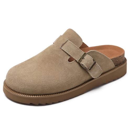 Clogs Damen Aus Wildleder Mules Aus Leder Sandalen Mit Korkbett Slides Potato Shoes Mit Fußgewölbeunterstützung Plattform Korksohle Für Städtetourismus & Frühling,Apricot,39 EU von MiaZane