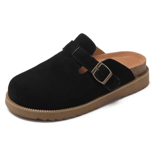 Clogs Damen Aus Wildleder Mules Aus Leder Sandalen Mit Korkbett Slides Potato Shoes Mit Fußgewölbeunterstützung Plattform Korksohle Für Städtetourismus & Frühling,Schwarz,42 EU von MiaZane