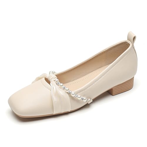 Damen Ballerinas Perlen Verziert Blockabsatz Perlen Verzierung Quadratische Zehe Pumps Für Tägliche Spaziergänge Und Frühlingsoutfits,Almond,35 EU von MiaZane