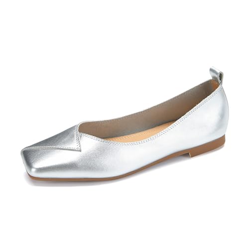 Damen Ballerinas Quadratische Zehe Flacher Absatz Vintage Leder Schlupf Abendschuhe Pumps Schuhe Für Casual Und Walking Langlebige Gummisohle,Silber,41 EU von MiaZane