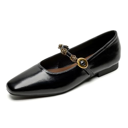 Damen Flache Mary Jane Schuhe Lackleder Mit Goldrosen Schnallenriemen Quadratische Zehe Ballett Pumps Für Täglichen Und Freizeit Gebrauch,Schwarz,40 EU Damen Flache Mary Jane Schuhe Lackleder Mit Goldrosen Schnallenriemen Quadratische Zehe Ballett Pumps Für Täglichen Und Freizeit Gebrauch,Schwarz,40 EU von MiaZane
