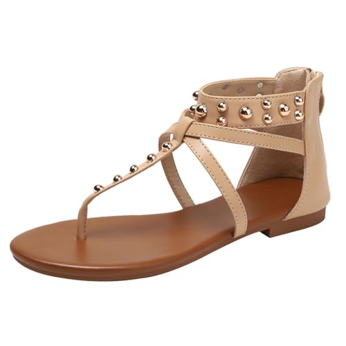 Damen Gladiatoren Sandalen Mit Nieten Flache Zehensteg Sandalen Mit Kreuzriemen Reißverschluss Paar Mit Runder Spitze Römische Strandschuhe Für Urlaub Und Sommerreisen,Almond,40 EU von MiaZane