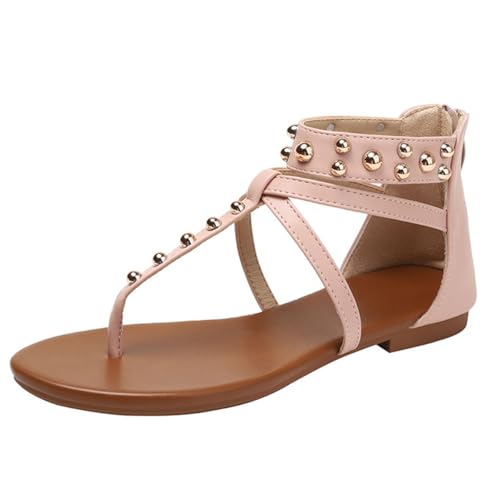 Damen Gladiatoren Sandalen Mit Nieten Flache Zehensteg Sandalen Mit Kreuzriemen Reißverschluss Paar Mit Runder Spitze Römische Strandschuhe Für Urlaub Und Sommerreisen,Rosa,41 EU von MiaZane