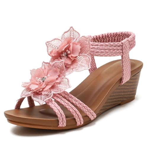 Damen Keilabsatz Sandalen Gladiatoren Geflochtene Riemchen Offene Zehen Sandalen Bequeme Riemchen Paar Sommerschuhe Für Freizeit Und Elegante Anlässe,Rosa,39 EU von MiaZane