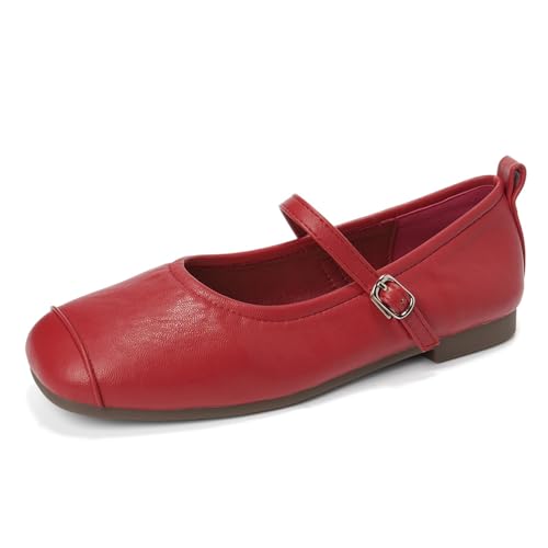 Damen Mary Jane Ballettflats Niedriger Absatz Mit Metallapplikation Und Verstellbarem Knöchelriemen Optionen Quadratische Zehe Für Freizeit Und Alltag,Rot,37 EU von MiaZane