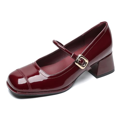 Damen Mary Jane Court Schuhe Blockabsatz Schnallenriemen Pumps Für Büro Und Pendeln Quadratische Zehe Weite Passform,Rot,40 EU von MiaZane