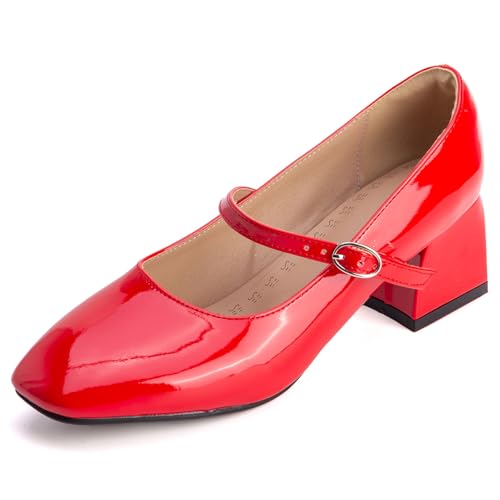Damen Mary Jane Pumps Blockabsatz Chunky Quadratische Zehe Schuhe Mit Klassischer Riemchenverschluss Hochzeitskleid Schuhe Für Arbeit Und Täglichen Tragen,Rot,42 EU von Generic