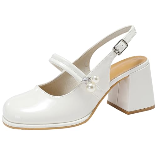 Damen Mary Jane Slingback Pumps Blockabsatz Chunky Runde Zehe Sandalen Stiletto Mit Memory Schaum Für Täglichen Tragen Und Arbeit Weite Passform,White(Heel:5cm),42 EU von MiaZane