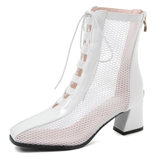 Damen Mesh Schnürstiefel Knöchelhoch Mit Blockabsatz Und Quadratischer Zehe Optionen Lackleder Besatz Sommer Sandalen Stiefel Für Streetwear Und Täglichen Tragen,White(Heel:3cm),38 EU von MiaZane