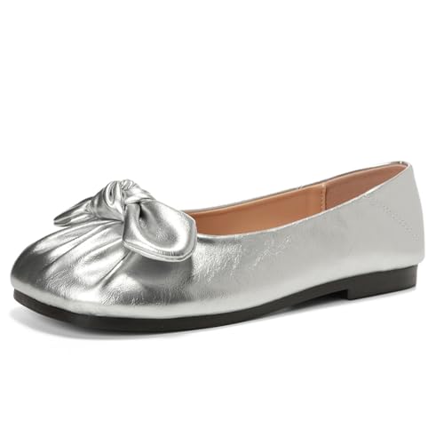 Damen Metallisch Ballettflats Niedriger Absatz Schlupfschuhe Mit Dekorativer Schleife Runde Zehe Komfort Schuhe Für Täglichen Gebrauch Und Arbeit,Silber,41 EU von MiaZane