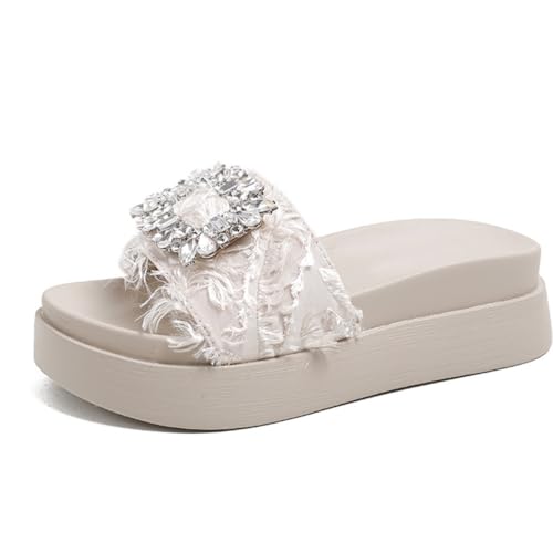 Damen Plateausandalen Mit Kristallverschluss Blockabsatz Satin Obermaterial Einriemen Sommer Und Freizeit Bequemer Sitz,Weiß,37 EU Damen Plateausandalen Mit Kristallverschluss Blockabsatz Satin Obermaterial Einriemen Sommer Und Freizeit Bequemer Sitz,Weiß,37 EU von MiaZane