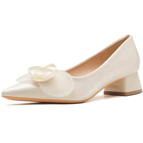 Damen Pumps Abendkleid Hochzeitsschuhe Niedriger Blockabsatz Blumige Spitze Zehen Brautpumps Für Hochzeitsempfang Und Brautjungfer Satin Obermaterial,Apricot(Heel:5cm),40 EU von MiaZane