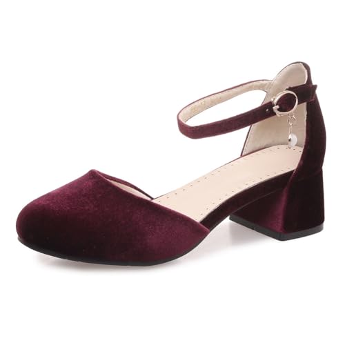 Damen Pumps Abendschuhe Blockabsatz Knöchelriemen Runde Zehen Mary Jane Pumps Für Büro Und Täglichen Gebrauch Atmungsaktiv Samt Große Größen Hochzeit Büro Casual,Burgundy,45 EU von MiaZane