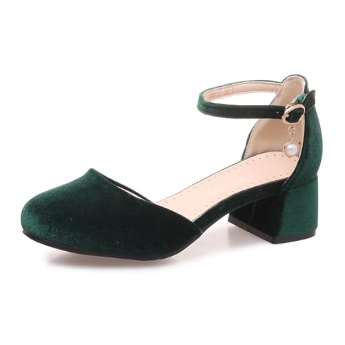 Damen Pumps Abendschuhe Blockabsatz Knöchelriemen Runde Zehen Mary Jane Pumps Für Büro Und Täglichen Gebrauch Atmungsaktiv Samt Große Größen Hochzeit Büro Casual,Grün,41 EU von MiaZane
