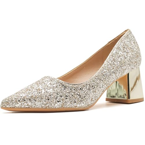Damen Pumps Dicker Blockabsatz Mit Strass Spitze Zehe Brautschuhe Glitzer Sandalen Kleid Atmungsaktiv Für Hochzeitsfeier Abendschuhe,Gold:3cm,39 EU von MiaZane