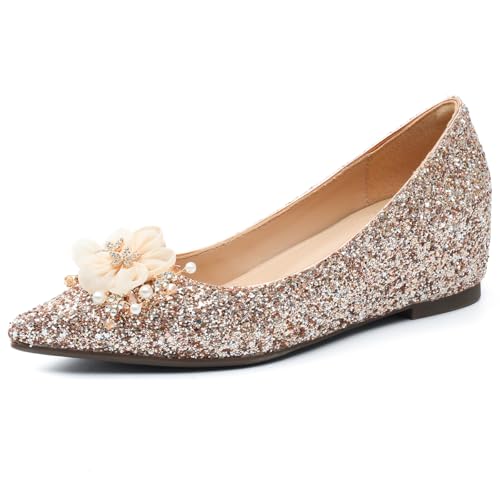 Damen Pumps Mit Absatz Glitzer Strass Spitze Zehen Für Hochzeitszeremonie Und Empfang Gepolsterte Einlage Atmungsaktive Mikrofaser,Champagne,40 EU von MiaZane