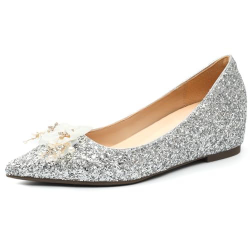 Damen Pumps Mit Absatz Glitzer Strass Spitze Zehen Für Hochzeitszeremonie Und Empfang Gepolsterte Einlage Atmungsaktive Mikrofaser,Silber,41 EU von MiaZane
