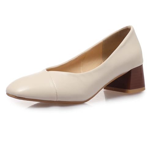 Damen Pumps Niedriger Blockabsatz Spitze Zehen Abendschuhe Bequeme Brautschuhe Für Büro Und Beruf Weiche Einlegesohle Gummisohle,Beige,36 EU von Generic