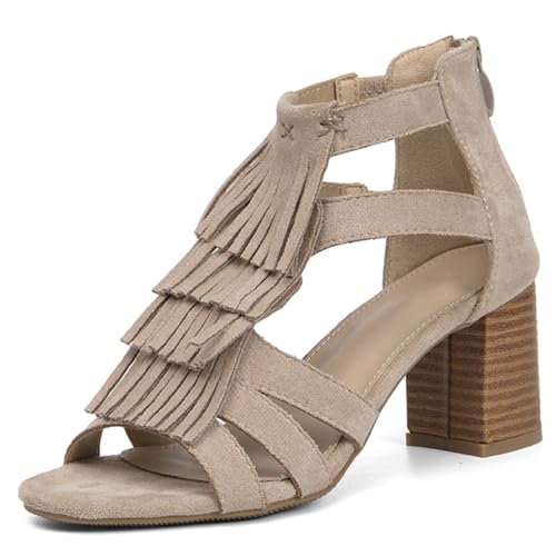 Damen Sandalen Chunky Heel Quaste Peeptoe Gladiator Sandalen für Sommer Streetwear & Urlaub Wildleder Obermaterial,Apricot,39 EU Damen Sandalen Chunky Heel Quaste Peeptoe Gladiator Sandalen für Sommer Streetwear & Urlaub Wildleder Obermaterial,Apricot,39 EU von MiaZane