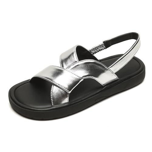 Damen Sandalen Mit Offenen Zehen Flache Sandalen Elastische Slingback Kreuzförmig Plateau Mit Riemen Schlupf Slides Freizeit Für Sommerliche Spaziergänge Und Strandausflüge,Silber,38 EU von MiaZane