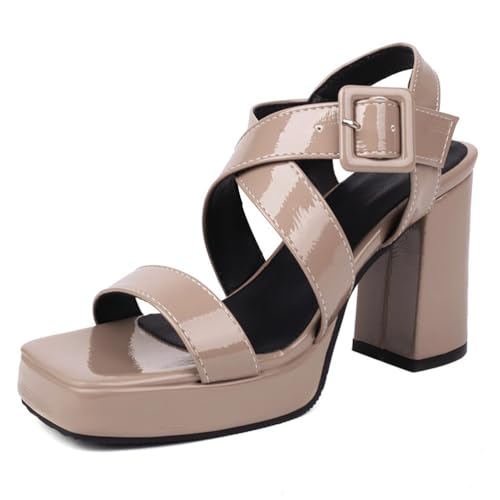 Damen Sandalen mit Absatz Chunky Heel Schnallenverschluss Plateaukleid mit quadratischer Zehenpartie Komfortsandalen für Abend- und Sommerausflüge,Apricot,40 EU von MiaZane