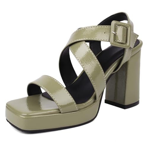 Damen Sandalen mit Absatz Chunky Heel Schnallenverschluss Plateaukleid mit quadratischer Zehenpartie Komfortsandalen für Abend- und Sommerausflüge,Grün,35 EU von MiaZane