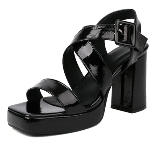 Damen Sandalen mit Absatz Chunky Heel Schnallenverschluss Plateaukleid mit quadratischer Zehenpartie Komfortsandalen für Abend- und Sommerausflüge,Schwarz,36 EU von MiaZane