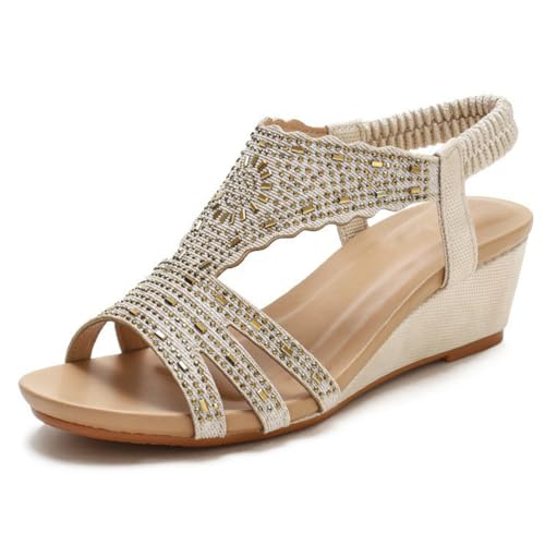 Damen Sandaletten Mit Keilabsatz Und Strass Bohemien Stil Offene Zehen Plattform Mit Verstellbarer Knöchelrieme Elegante Sommersandalen Für Strand Und Spaziergänge,Apricot,37 EU von MiaZane