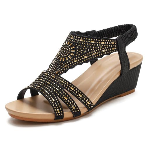 Damen Sandaletten Mit Keilabsatz Und Strass Bohemien Stil Offene Zehen Plattform Mit Verstellbarer Knöchelrieme Elegante Sommersandalen Für Strand Und Spaziergänge,Schwarz,41 EU von MiaZane