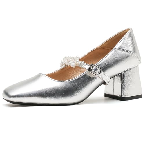 Damen Schuhe Mit Blockabsatz Mary Jane Knöchelriemen Quadratische Spitze Pumps Bequeme Arbeitsschuhe Damen Abendschuhe Hochzeitsschuhe,Silber,39 EU von MiaZane