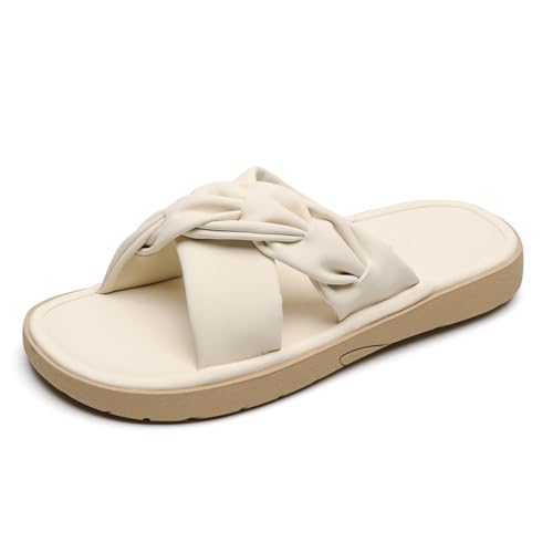 Damen Slides Flache Sandalen Weicher Knoten Niedriger Absatz Schlupf Offene Zehen Slides Bequeme Hausschuhe Für Strand Und Kleid Looks,Apricot,36 EU von MiaZane