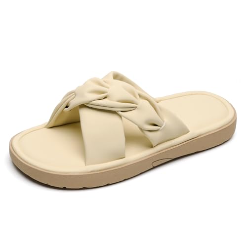 Damen Slides Flache Sandalen Weicher Knoten Niedriger Absatz Schlupf Offene Zehen Slides Bequeme Hausschuhe Für Strand Und Kleid Looks,Cream,38 EU von MiaZane