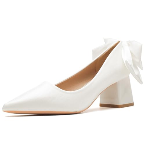 Elegante Hochzeitsschuhe Damen Mit Spitzer Zehe Brautpumps Mit Klobigem Blockabsatz Und Funkelnder Strassschleife Schuhe Für Empfang Und Formelles Abendessen,Weiß,38 EU von MiaZane