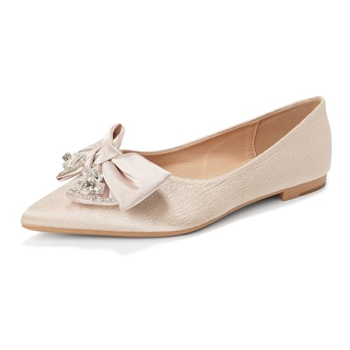 Flache Ballerinas Mit Spitzer Zehe Strass Satin Damen Slip On Schuhe Für Büro & Frühlingsausflüge Weiche Sohle Flacher Absatz,Almond,39 EU von MiaZane