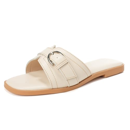 Flache Damensandalen Slip-On-Slide-Sandalen aus Leder Quadratische Zehenpartie mit Nähten und Schnallendetail Flache Sohle Komfort für lässige Sommerkleidung,Almond,41 EU Flache Damensandalen Slip-On-Slide-Sandalen aus Leder Quadratische Zehenpartie mit Nähten und Schnallendetail Flache Sohle Komfort für lässige Sommerkleidung,Almond,41 EU von MiaZane